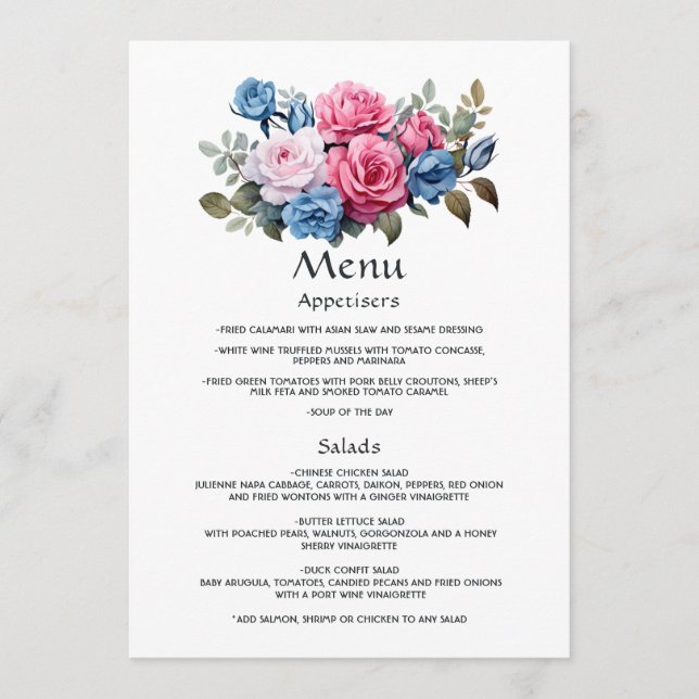 Pink and Blue Floral Wedding Menu (Front)