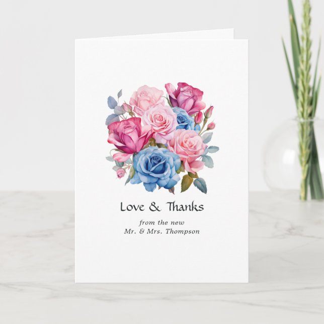 Pink and Blue Floral Wedding Photo Thank You Card (Front)