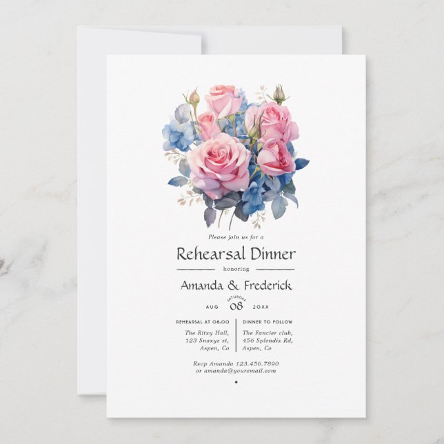 Pink and Blue Floral Wedding Rehearsal Dinner Invitation (Front)