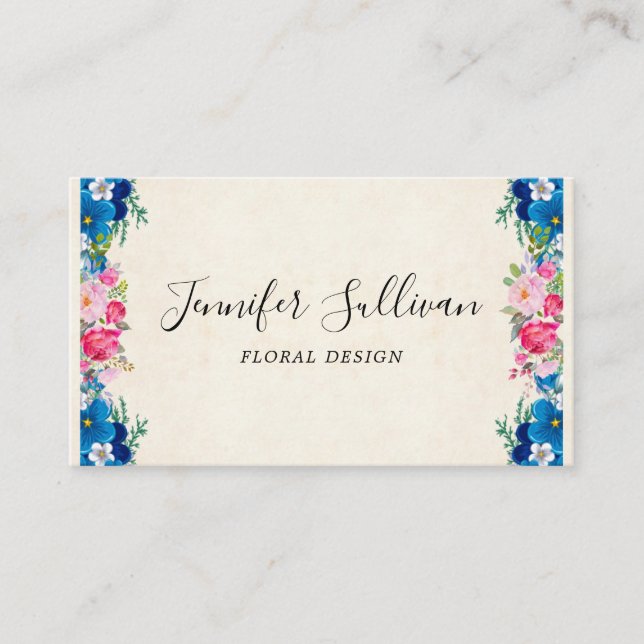 Pink and Blue Flower Frame Fancy Professional Business Card (Front)