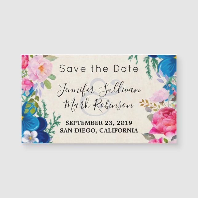 Pink and Blue Flower Frame Fancy Save the Date (Front)