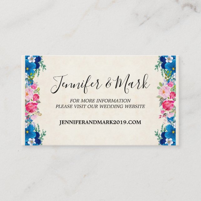 Pink and Blue Flower Frame Fancy Wedding Website Business Card (Front)