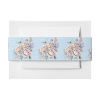Pink and Blue Flowers and Butterfly Invitation Belly Band