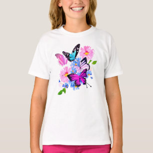 Pink and blue flowers and butterfly T-Shirt