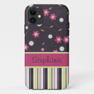 Pink and Blue Flowers and Stripes Personalised iPhone 11 Case
