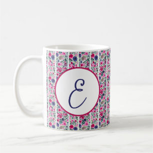 pink and blue flowers and white stripes monogram coffee mug