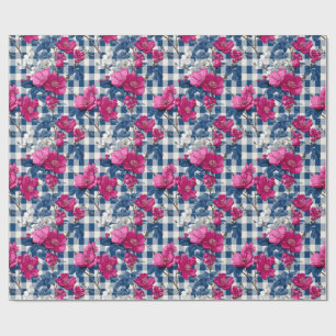 Pink and Blue Flowers Black Gingham Decoupage Wrapping Paper