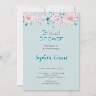 Pink and Blue Flowers Blue Bridal Shower Invitation