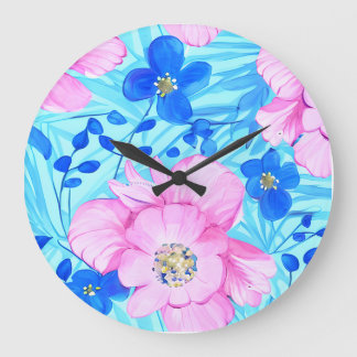 Pink and Blue Flowers Large Clock
