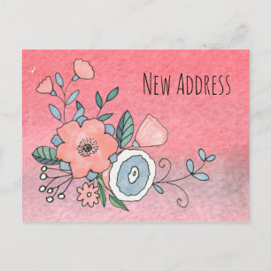 Pink and Blue Flowers New Address Announcement Postcard
