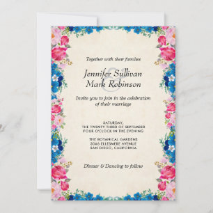 Pink and Blue Flowers on Faux Parchment Wedding Invitation