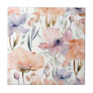 Pink and Blue Flowers watercolor Tile