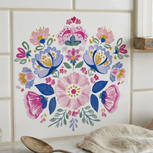 Pink and Blue Folk Art Floral Decorative Ceramic Tile