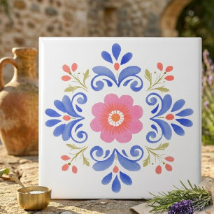 Pink and Blue Folk Art Floral Decorative Tile