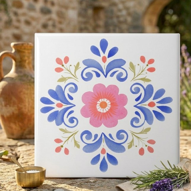 Pink and Blue Folk Art Floral Decorative Tile (Pink and Blue Folk Art Floral Decorative Tile)