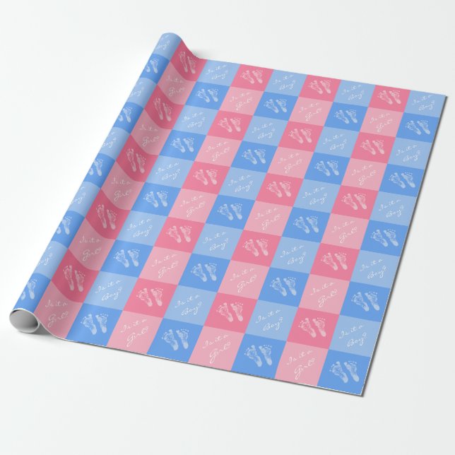 Pink and Blue Footprints Baby Gender Reveal Party Wrapping Paper (Unrolled)