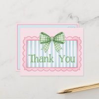 Pink and Blue Frame Green Gingham Bow Thank You