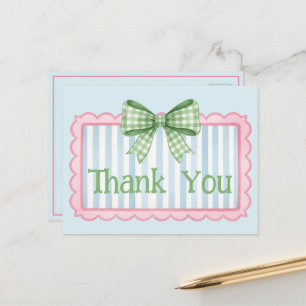 Pink and Blue Frame Green Gingham Bow Thank You Postcard