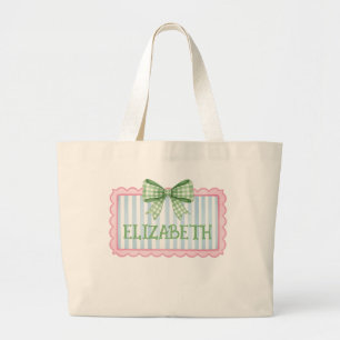Pink and Blue Frame With Green Gingham Bow Large Tote Bag