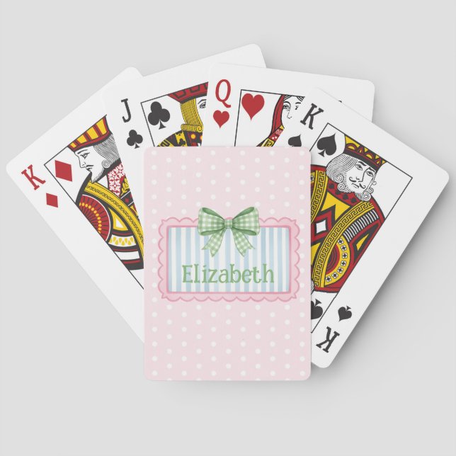 Pink and Blue Frame With Green Gingham Bow Playing Cards (Back)