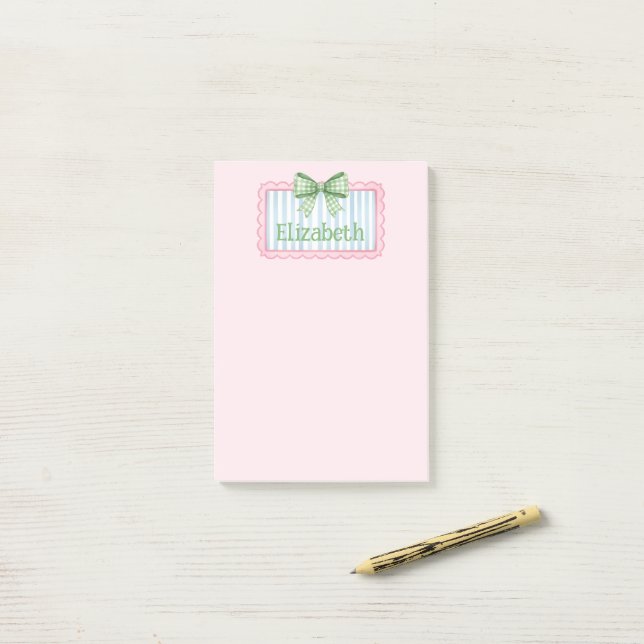 Pink and Blue Frame With Green Gingham Bow Post-it Notes (On Desk)