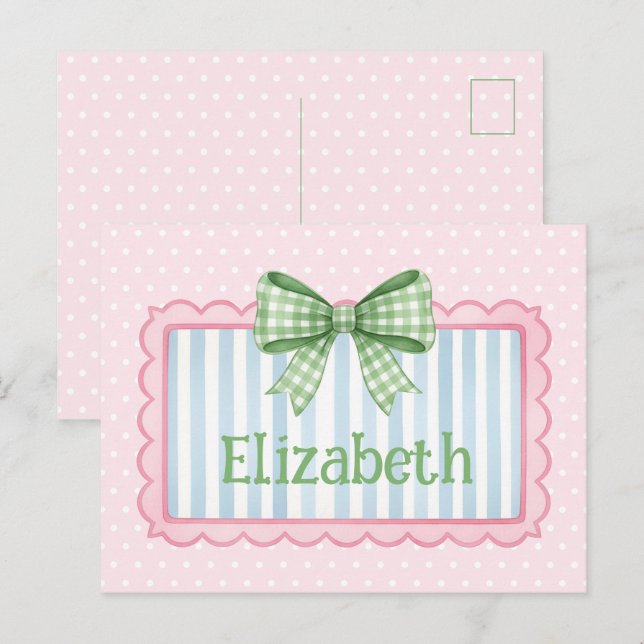 Pink and Blue Frame With Green Gingham Bow Postcard (Front/Back)