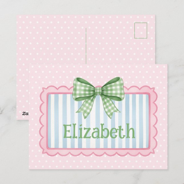 Pink and Blue Frame With Green Gingham Bow Postcard (Front/Back)