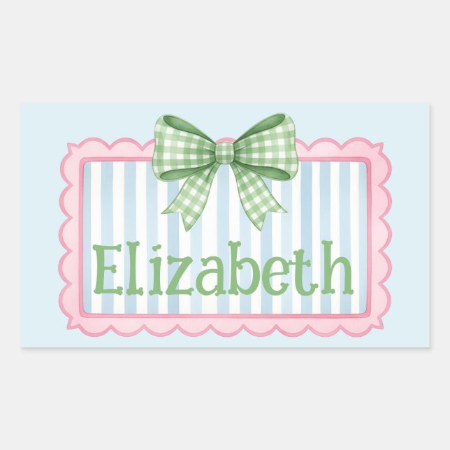 Pink and Blue Frame With Green Gingham Bow Rectangular Sticker (Front)
