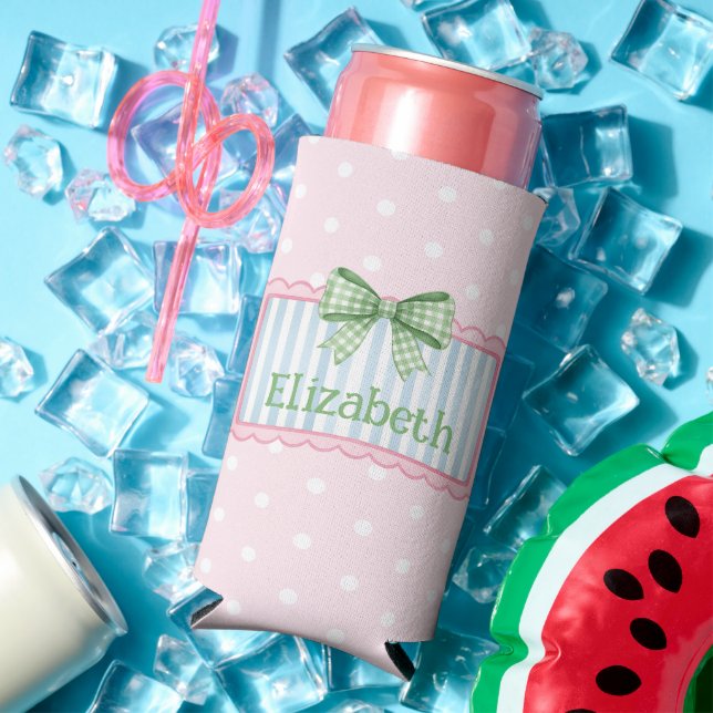 Pink and Blue Frame With Green Gingham Bow Seltzer Can Cooler (In Situ Summer)