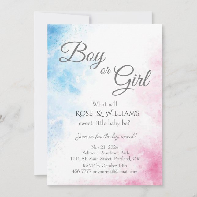Pink and Blue Gender Reveal Party Boy or Girl Invitation (Front)