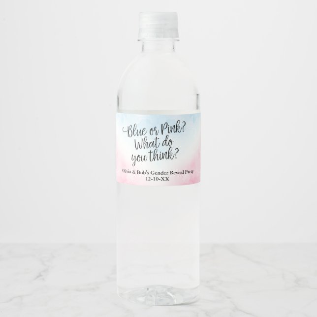 Pink and Blue Gender Reveal Script Baby Shower Water Bottle Label (Front)