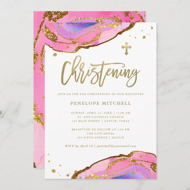 Pink and Blue Geode with Gold Cross | Christening Invitation (Front/Back)