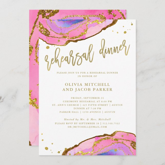 Pink and Blue Geode with Gold | Rehearsal Dinner Invitation (Front/Back)