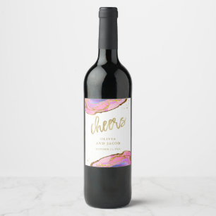 Pink and Blue Geode with Gold Wedding Cheers Wine Label