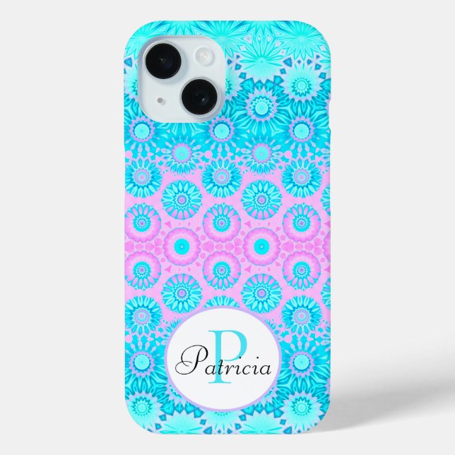 Pink and Blue Geometric Flowers Custom Monogram Case-Mate iPhone Case (Back)