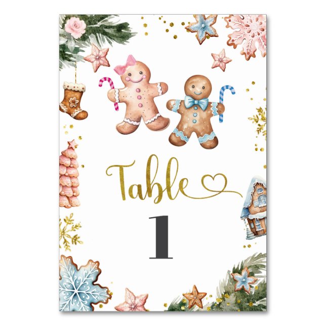 Pink and Blue Gingerbread Cookies Gender Reveal Table Number (Front)
