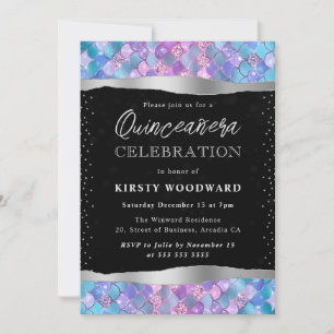 Pink and Blue Glitter Mermaid Scales Quinceanera Invitation