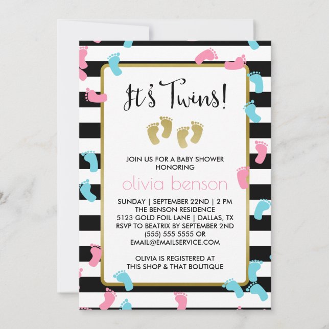 Pink and Blue Gold Footprints Twins Baby Shower Invitation (Front)
