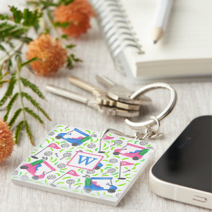 Pink and Blue Golf Cart Pattern Preppy Monogram Key Ring