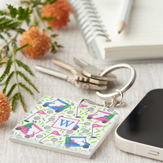Pink and Blue Golf Cart Pattern Preppy Monogram Key Ring (Front Right)