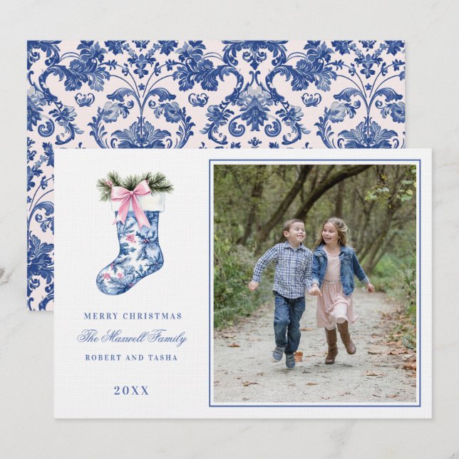 Pink and Blue Grandmillennial Damask Stockin Photo Invitation (Front/Back)
