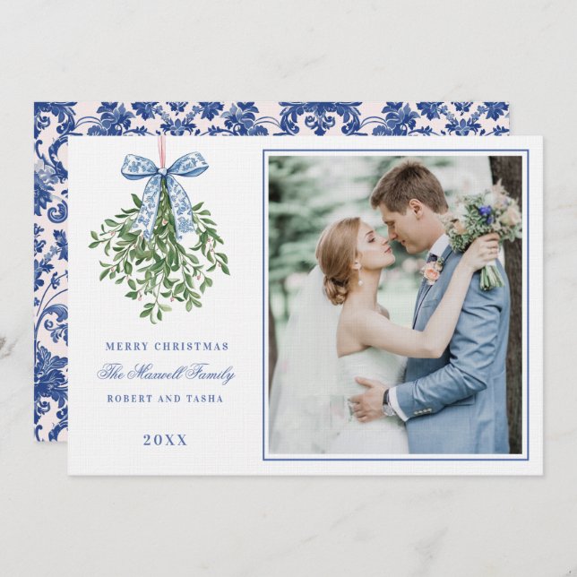 Pink and Blue Grandmillennial Mistletoe Invitation (Front/Back)