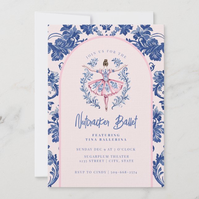 Pink and Blue Grandmillennial Nutcracker Ballet Invitation (Front)
