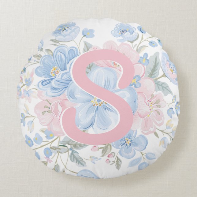 Pink and Blue Grandmillennial Reversible Monogram Round Cushion (Front)