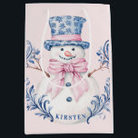 Pink and Blue Grandmillennial Snowman Medium Gift Bag<br><div class="desc">This Christmas design has a preppy grandmillennial design featuring a Snowman with a blue hat and a pink bow. You can personalise with a name.</div>