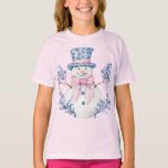 Pink and Blue Grandmillennial Snowman T-Shirt<br><div class="desc">This Christmas design has a preppy grandmillennial design featuring a Snowman with a blue hat and a pink bow.</div>
