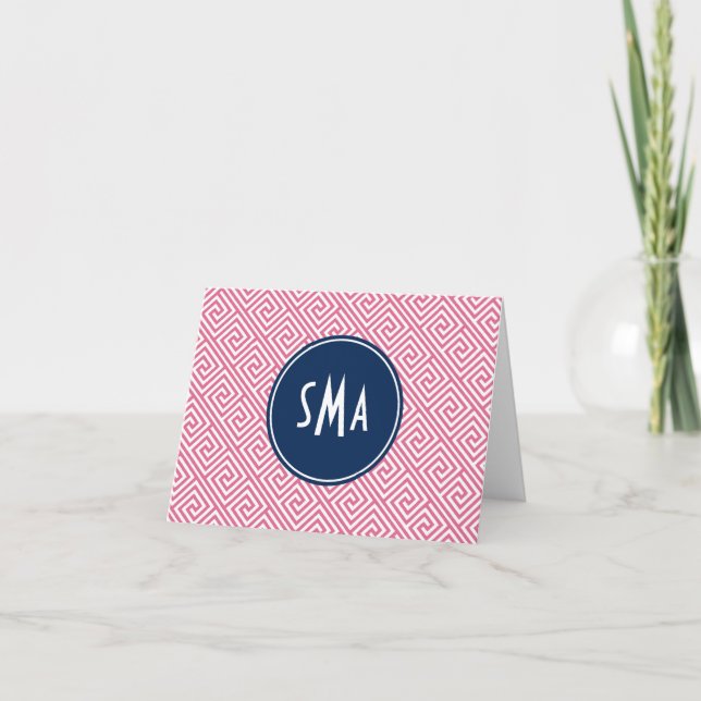 Pink and Blue Greek Key Pattern Monogram Note Card (Front)