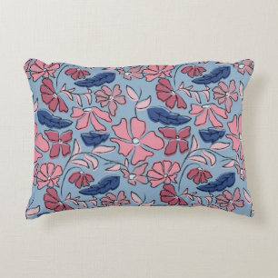 Pink and Blue Hand Drawn Floral Block Print Decorative Cushion