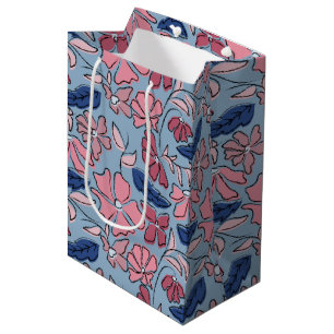 Pink and Blue Hand Drawn Floral Block Print Medium Gift Bag