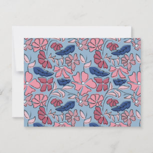 Pink and Blue Hand Drawn Floral Block Print Postcard